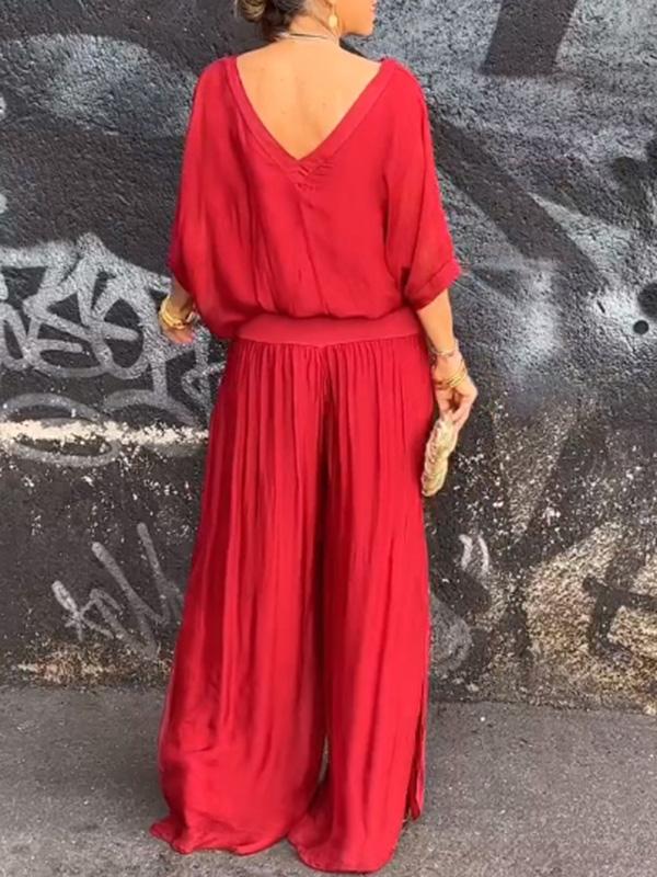 Women's V-Neck Jumpsuit Wide Leg Batwing Sleeve Two Piece