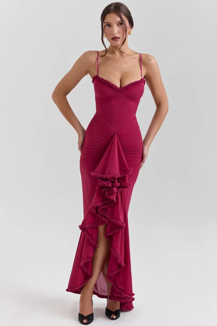 Women's Fitted Midi Dress Ruffled Details