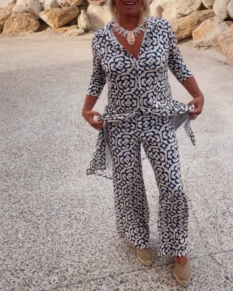 Image of Carolyn | Women's Button-Up Printed Two-Piece Pant Set