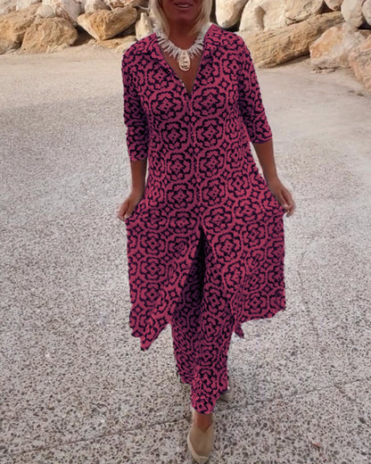 Image of Carolyn | Women's Button-Up Printed Two-Piece Pant Set