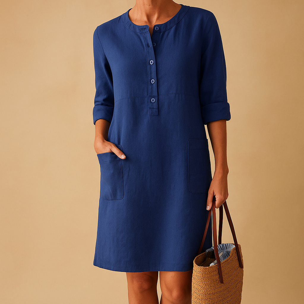 Women’s casual long button dress with rolled sleeves and side pockets in beige, olive green, and black, perfect for daily wear and relaxed outings.