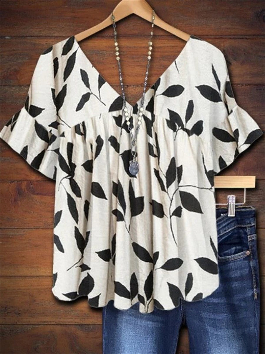 Women's V-Neck Ruffle Blouse Leaf Print Short Sleeve - VibreMode