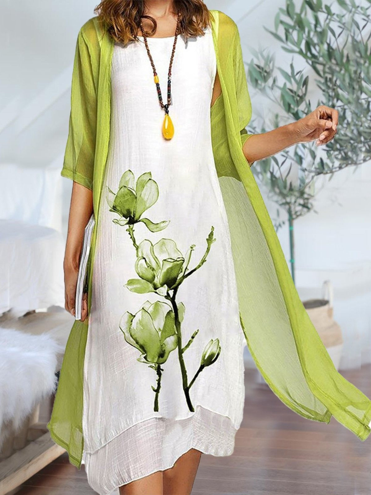Women's Floral 2 Piece Dress Set Sheer Cardigan - VibreMode
