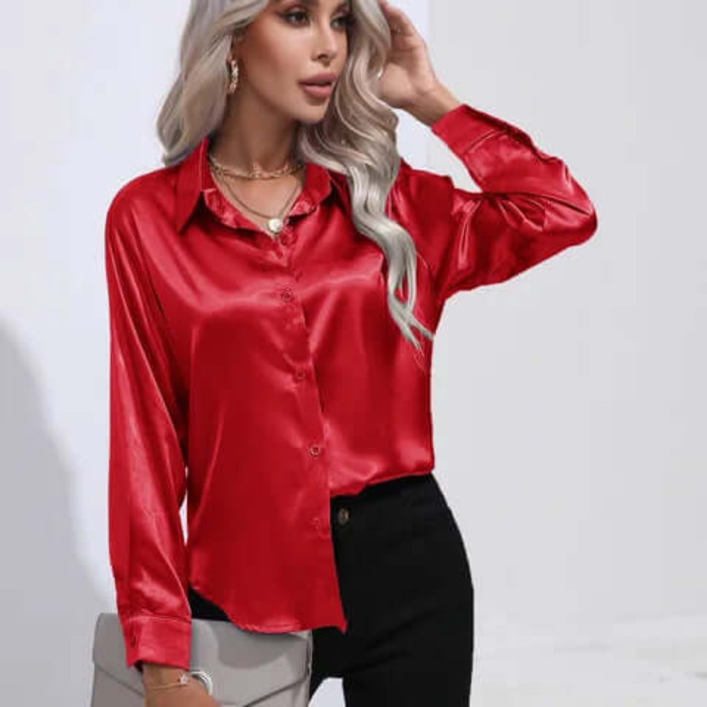 Women's Satin Long Sleeve Blouse Loose Fit