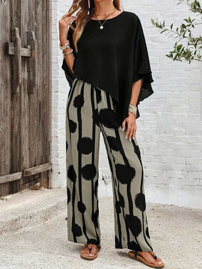 Women's Batwing And Wide Leg Print Pants Set