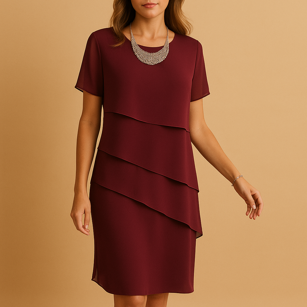 Women’s chiffon midi dress with layered details and a flattering fit, perfect for dinners, parties, and elegant evening occasions.