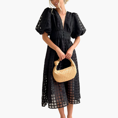 Image of Cindy | Women's Puff Sleeve A-Line Midi Dress