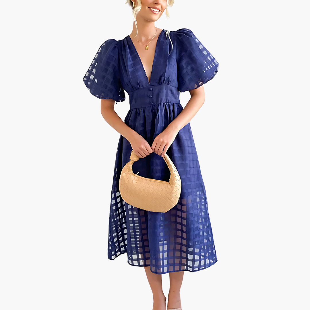 Image of Cindy | Women's Puff Sleeve A-Line Midi Dress