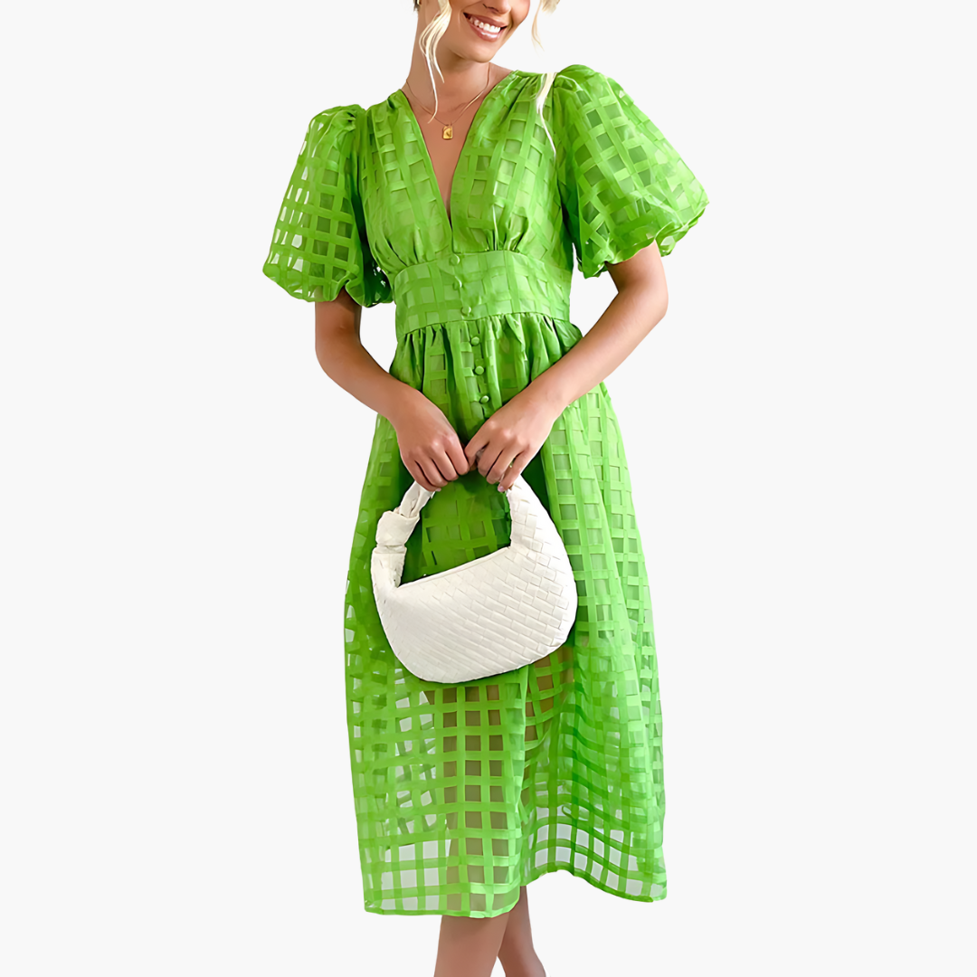 Image of Cindy | Women's Puff Sleeve A-Line Midi Dress