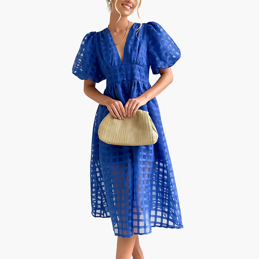 Image of Cindy | Women's Puff Sleeve A-Line Midi Dress