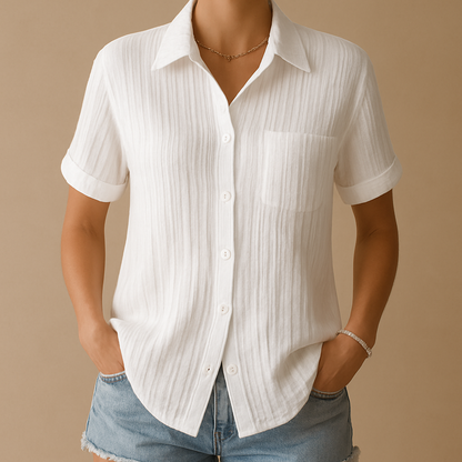 Women's Short Sleeve Blouse Cotton Chest Pocket - VibreMode