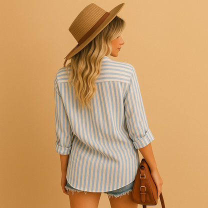 Women’s classic striped blouse with long sleeves and a tailored fit, suitable for work, daily wear, and casual to formal outfits.