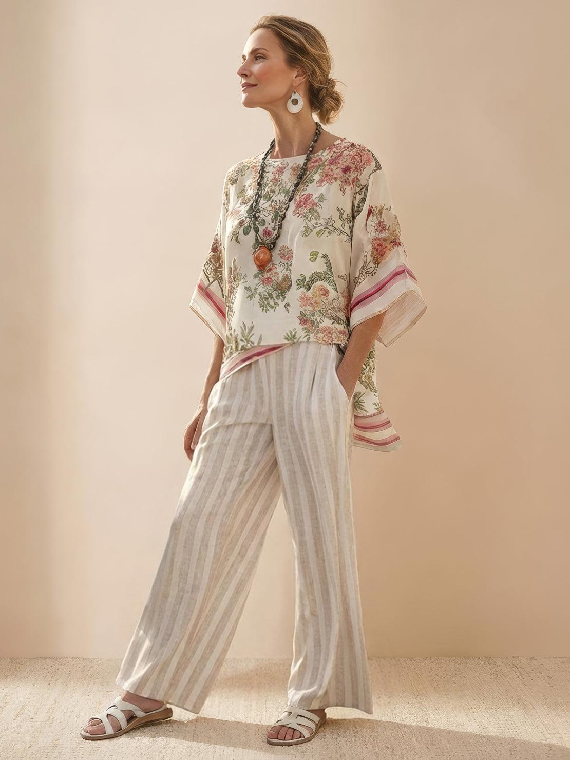Women's Striped Wide Leg Pants Set Cotton Casual