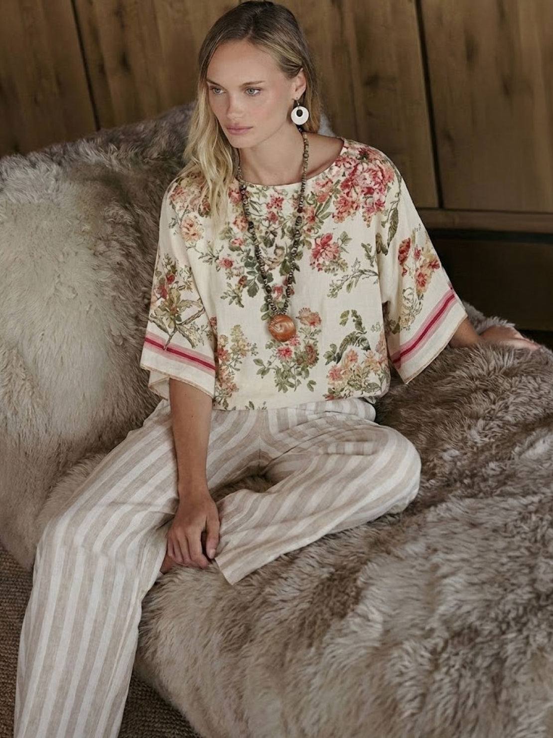 Women's Striped Wide Leg Pants Set Cotton Casual
