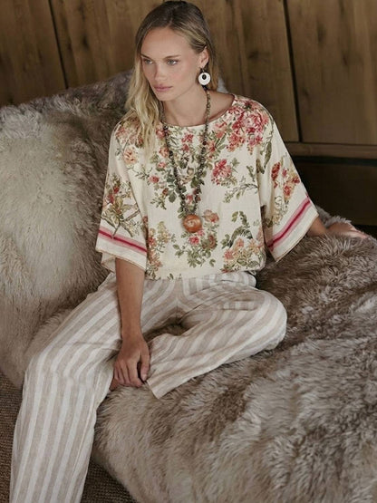Women's Striped Wide Leg Pants Set Cotton Casual