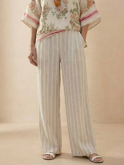 Women's Striped Wide Leg Pants Set Cotton Casual