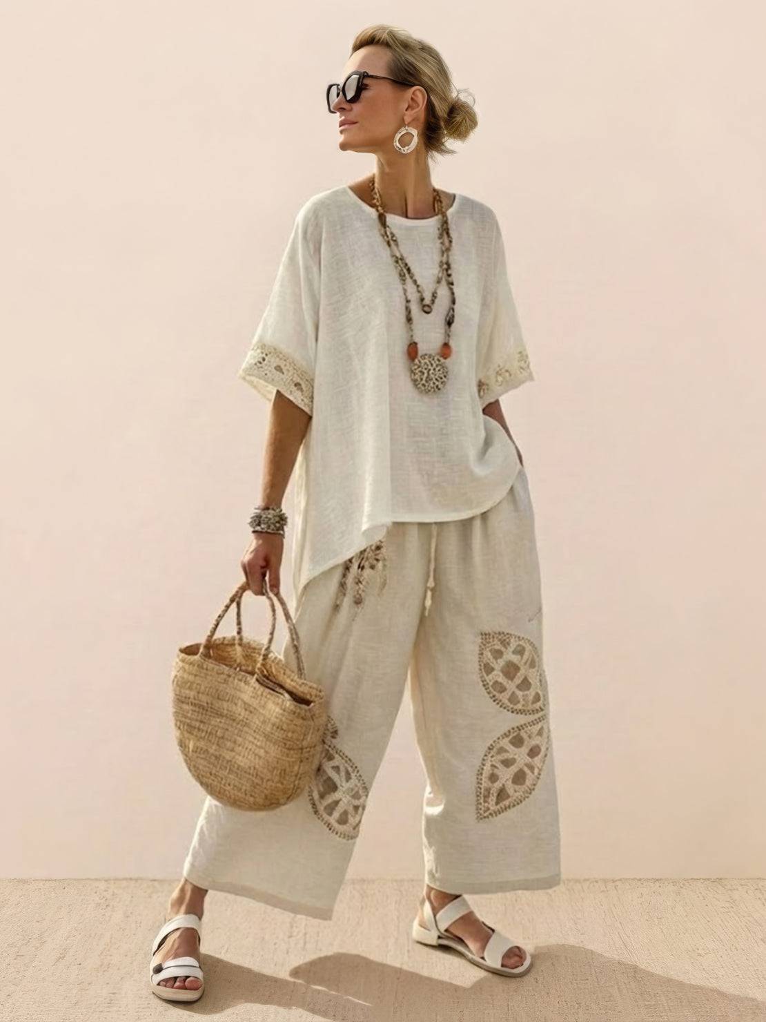 Women's Striped Wide Leg Pants Set Cotton Casual