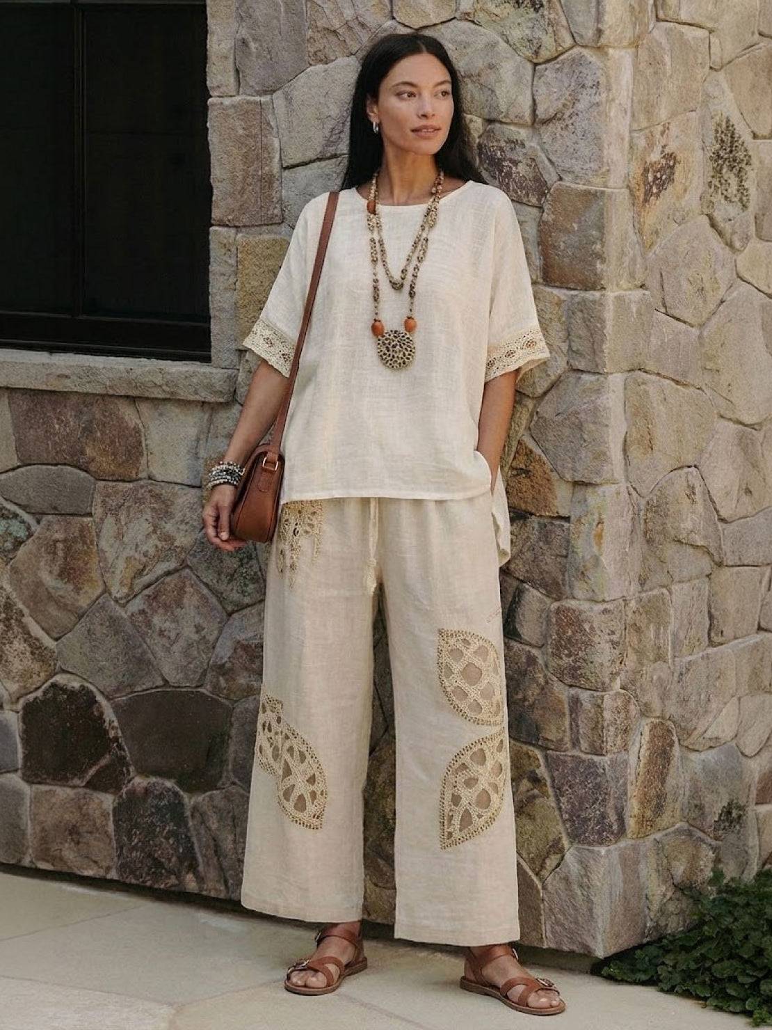 Women's Striped Wide Leg Pants Set Cotton Casual