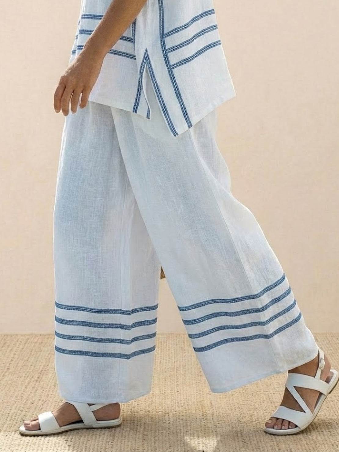 Women's Striped Wide Leg Pants Set Cotton Casual