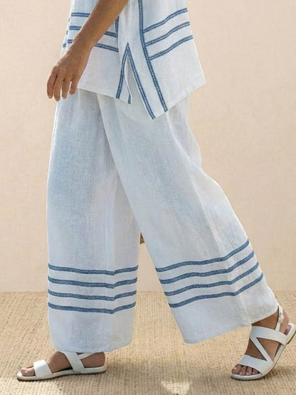 Women's Striped Wide Leg Pants Set Cotton Casual