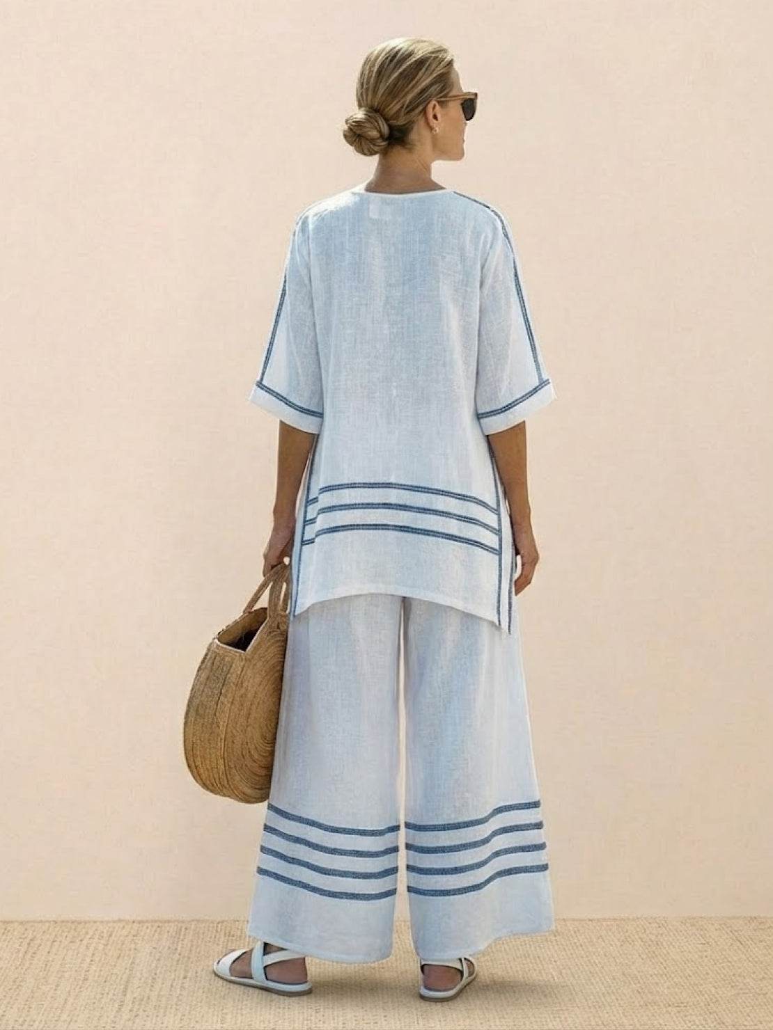 Women's Striped Wide Leg Pants Set Cotton Casual