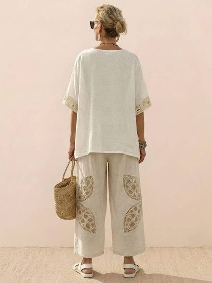 Women's Striped Wide Leg Pants Set Cotton Casual