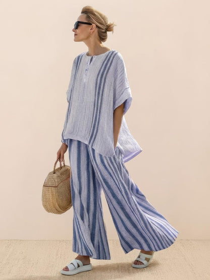Women's Striped Wide Leg Pants Set Cotton Casual