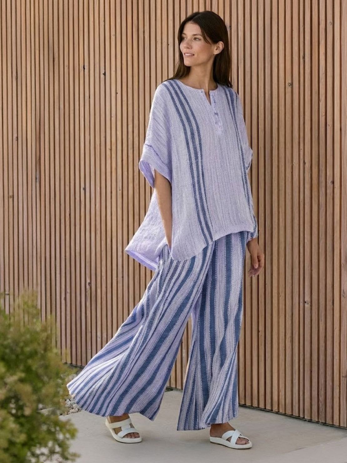 Women's Striped Wide Leg Pants Set Cotton Casual
