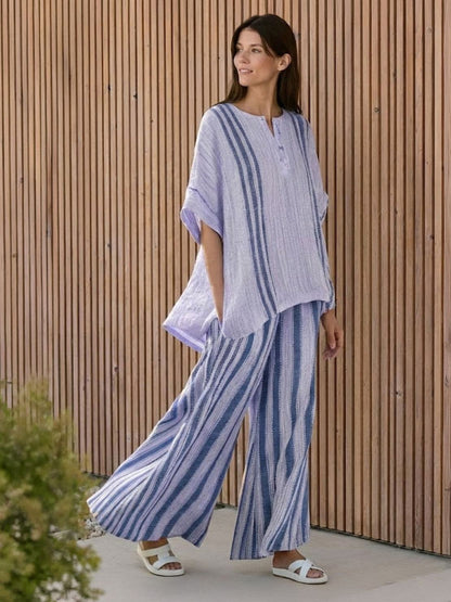 Women's Striped Wide Leg Pants Set Cotton Casual