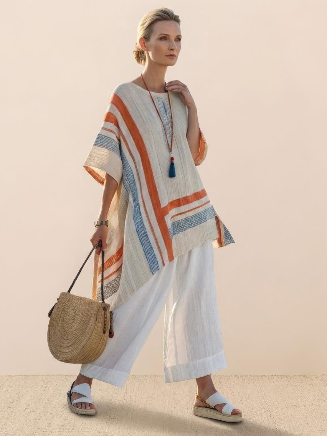 Women's Striped Wide Leg Pants Set Cotton Casual