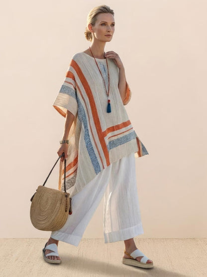 Women's Striped Wide Leg Pants Set Cotton Casual