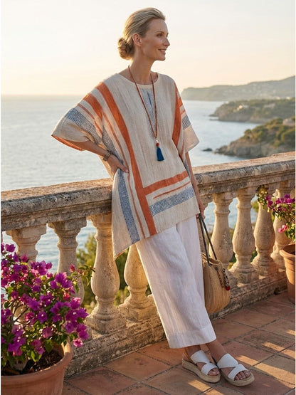 Women's Striped Wide Leg Pants Set Cotton Casual