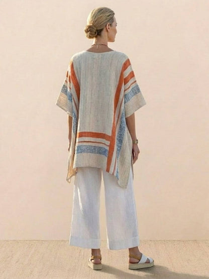 Women's Striped Wide Leg Pants Set Cotton Casual