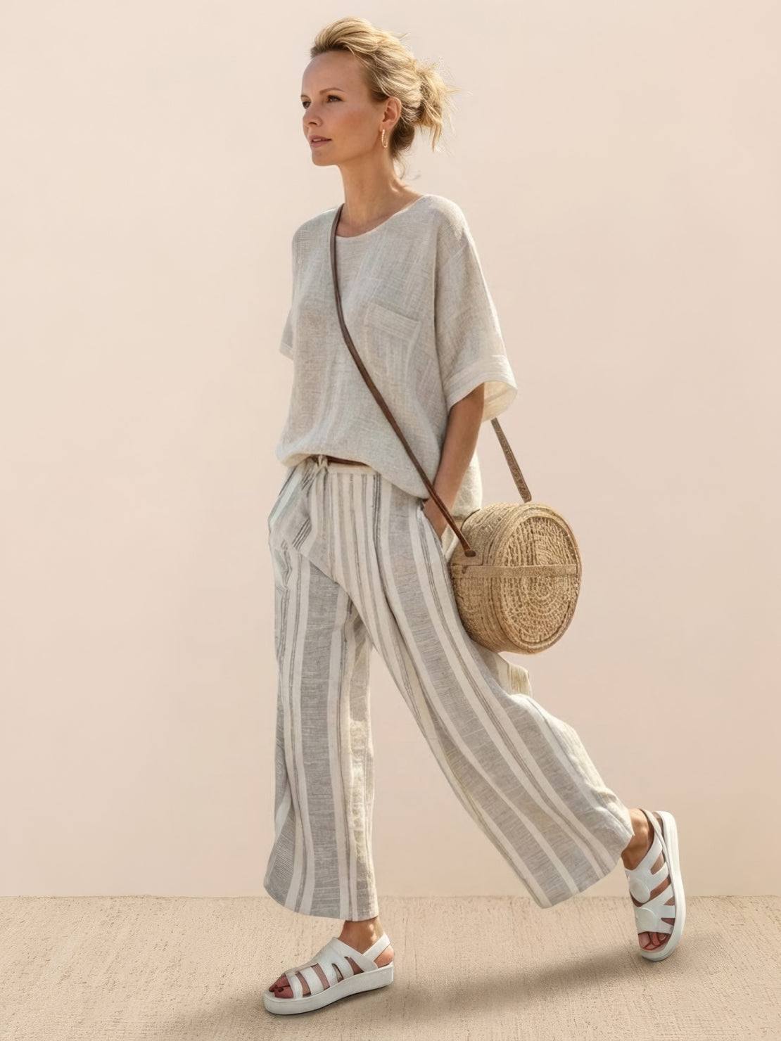 Women's Striped Wide Leg Pants Set Cotton Casual - VibreMode