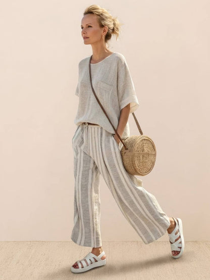 Women's Striped Wide Leg Pants Set Cotton Casual - VibreMode