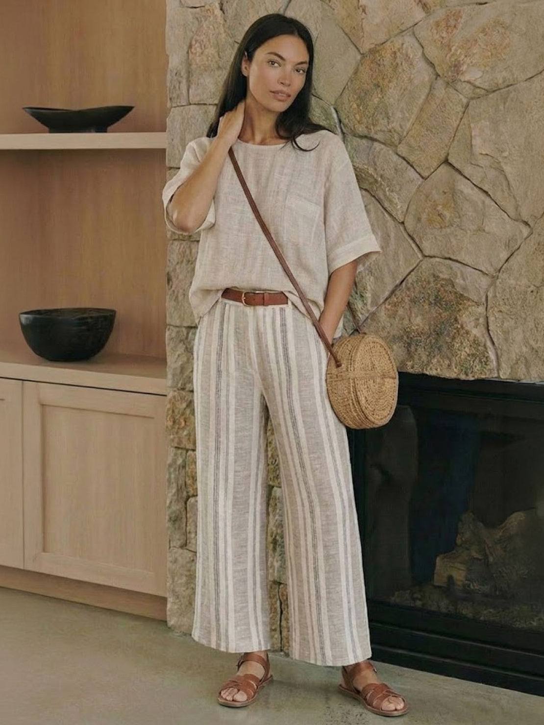 Women's Striped Wide Leg Pants Set Cotton Casual