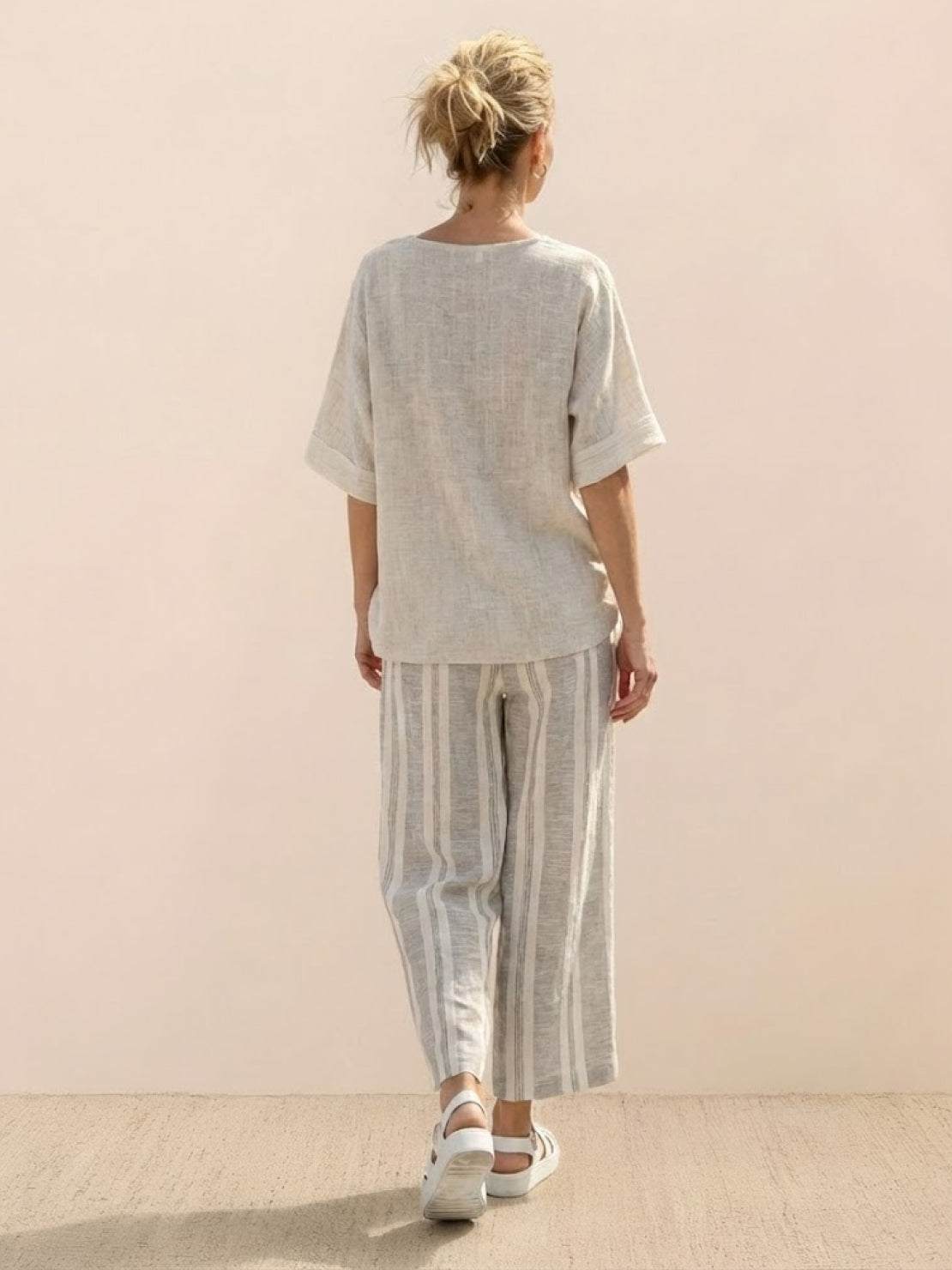 Women's Striped Wide Leg Pants Set Cotton Casual