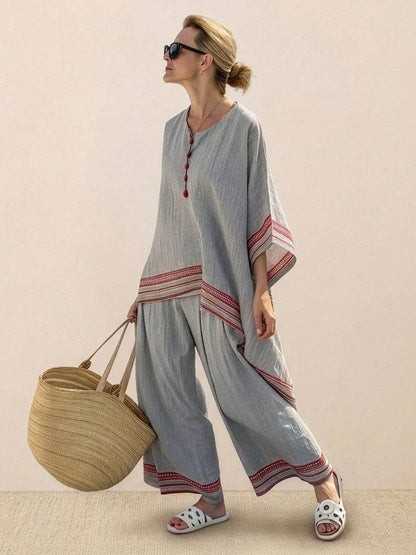 Women's Striped Wide Leg Pants Set Cotton Casual