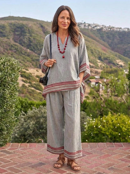 Women's Striped Wide Leg Pants Set Cotton Casual