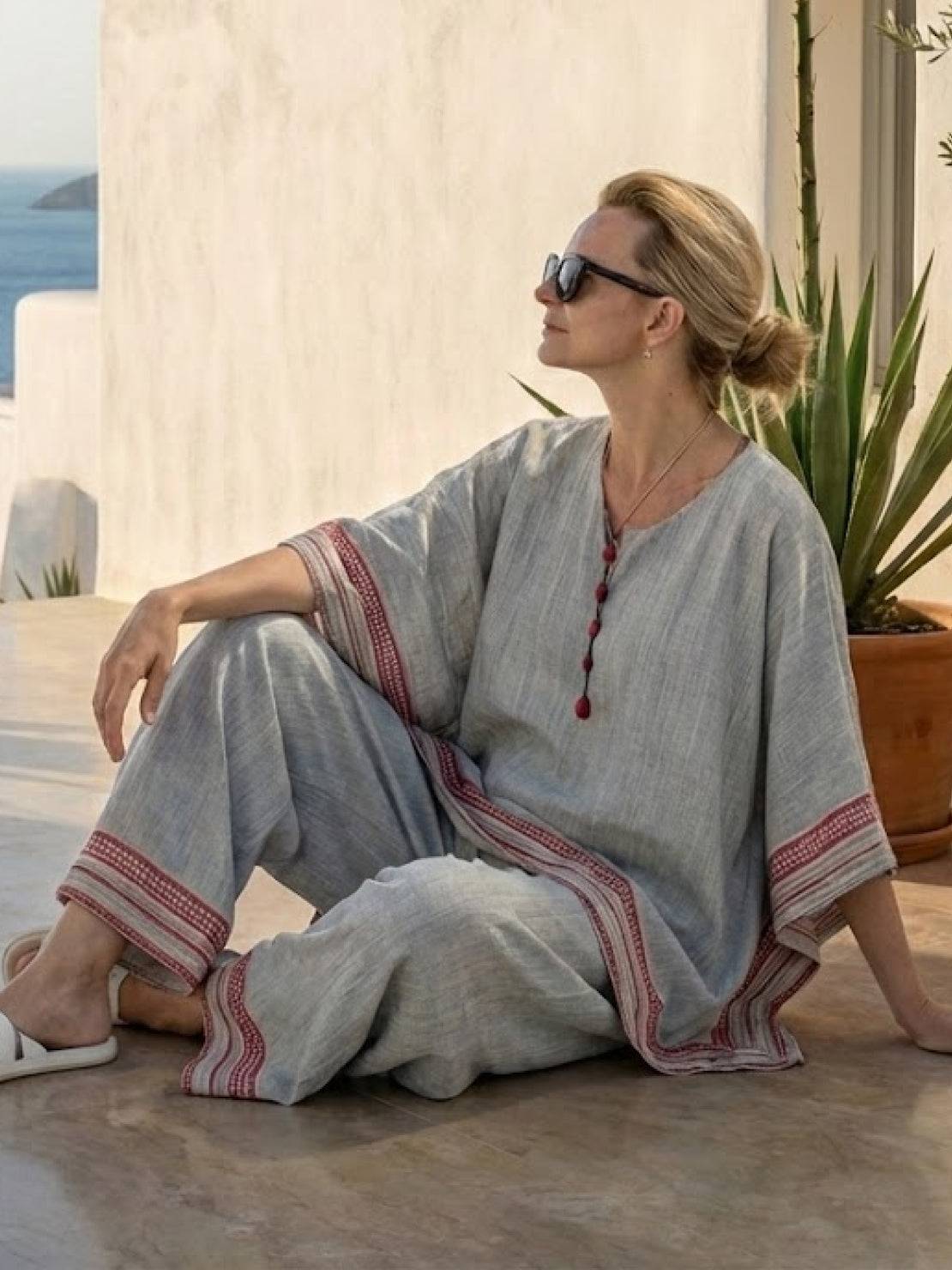 Women's Striped Wide Leg Pants Set Cotton Casual