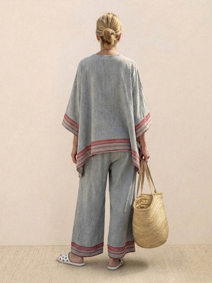 Women's Striped Wide Leg Pants Set Cotton Casual