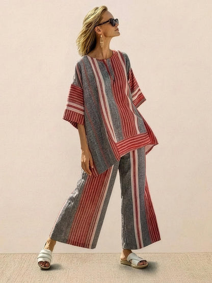 Women's Striped Wide Leg Pants Set Cotton Casual