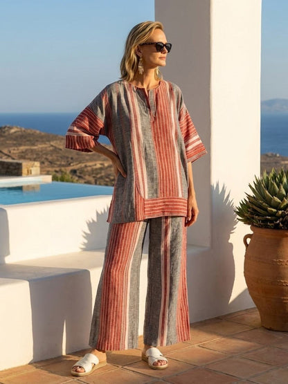 Women's Striped Wide Leg Pants Set Cotton Casual