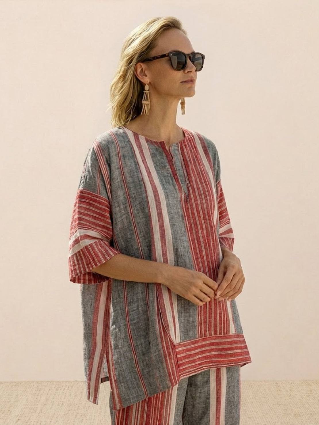 Women's Striped Wide Leg Pants Set Cotton Casual