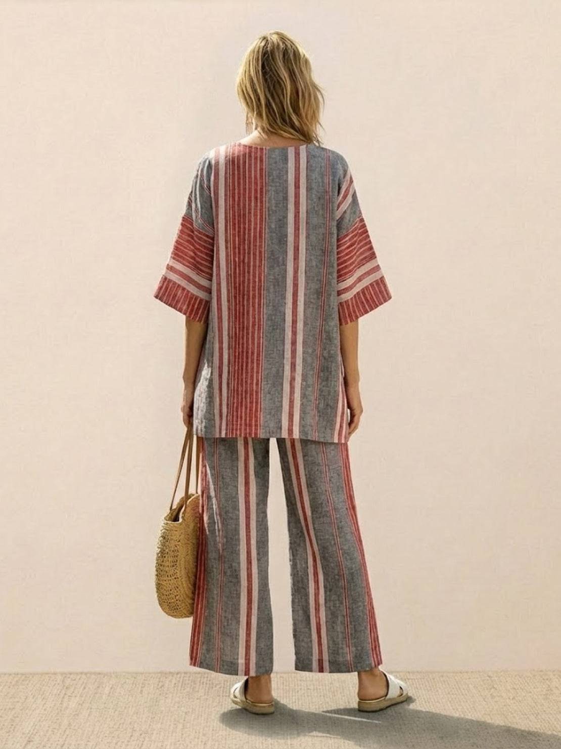 Women's Striped Wide Leg Pants Set Cotton Casual