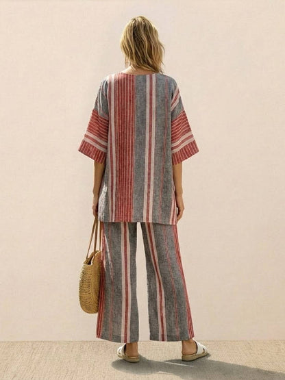 Women's Striped Wide Leg Pants Set Cotton Casual