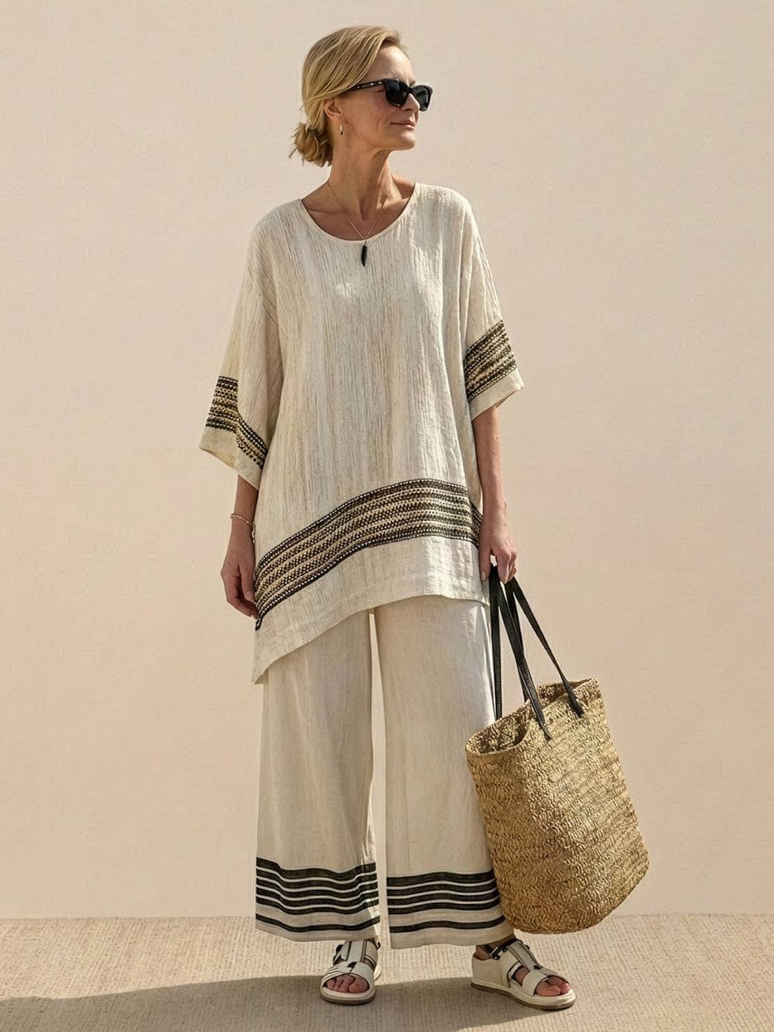 Women's Striped Wide Leg Pants Set Cotton Casual