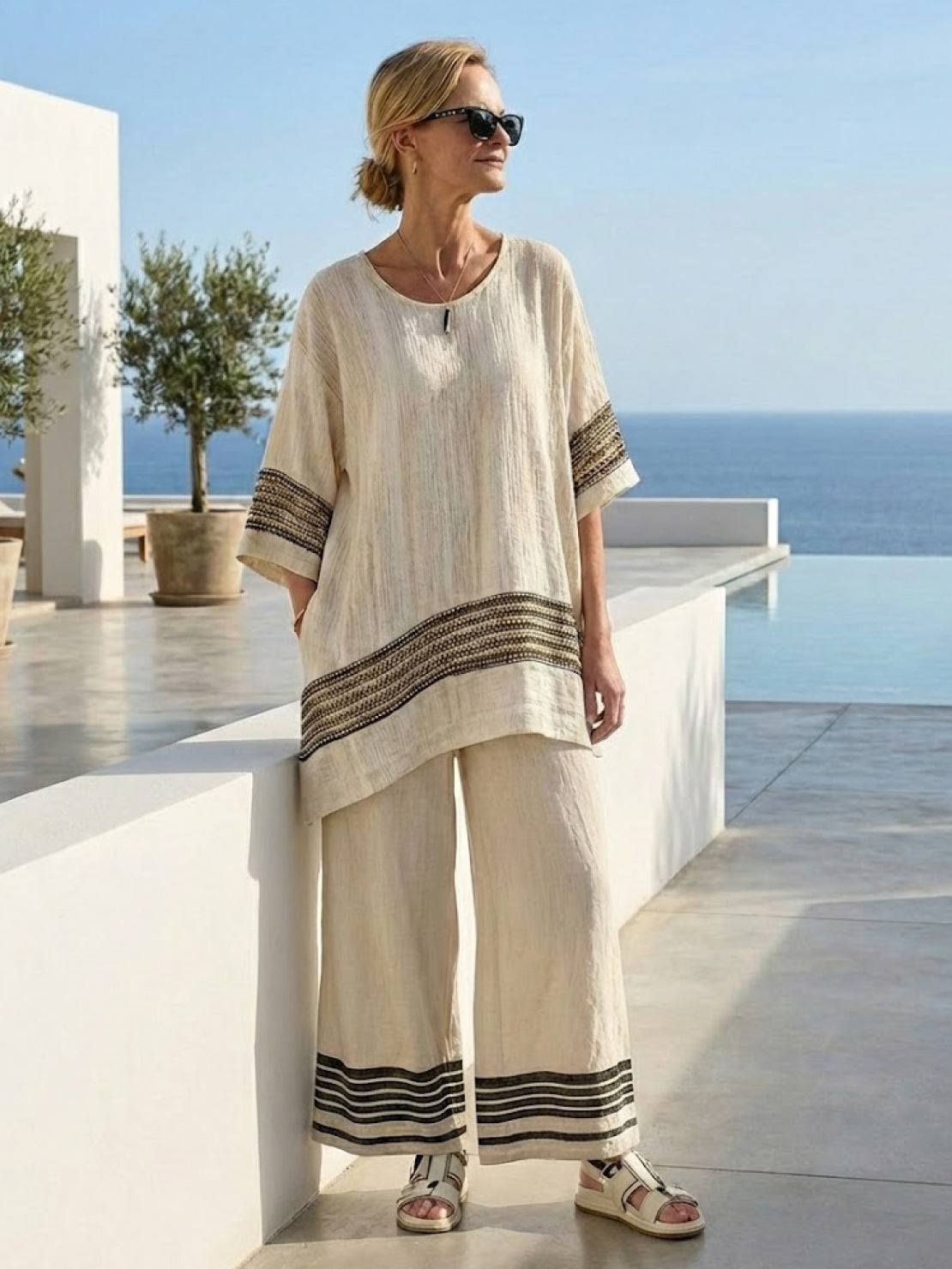 Women's Striped Wide Leg Pants Set Cotton Casual