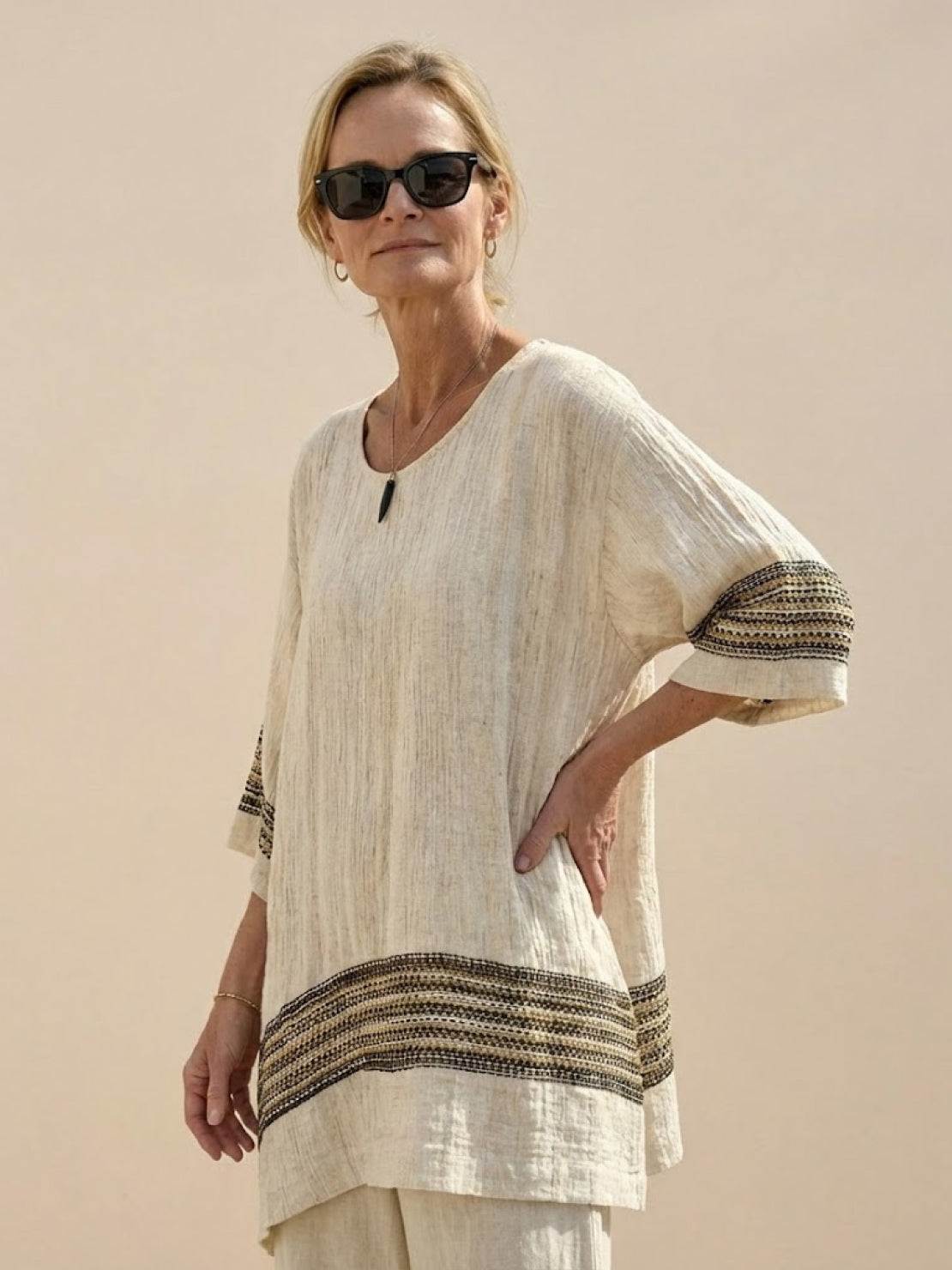 Women's Striped Wide Leg Pants Set Cotton Casual