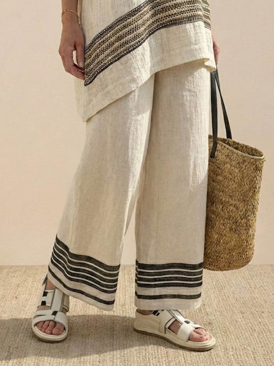 Women's Striped Wide Leg Pants Set Cotton Casual